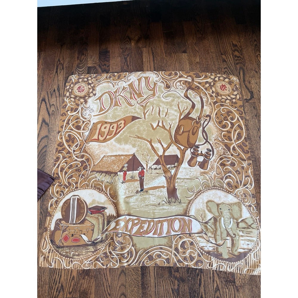 DKNY 1993 large silk scarf.   'expedition'    Safari theme
